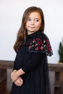 Lone Feather Girls Floral Embroidered Tule Dress Black