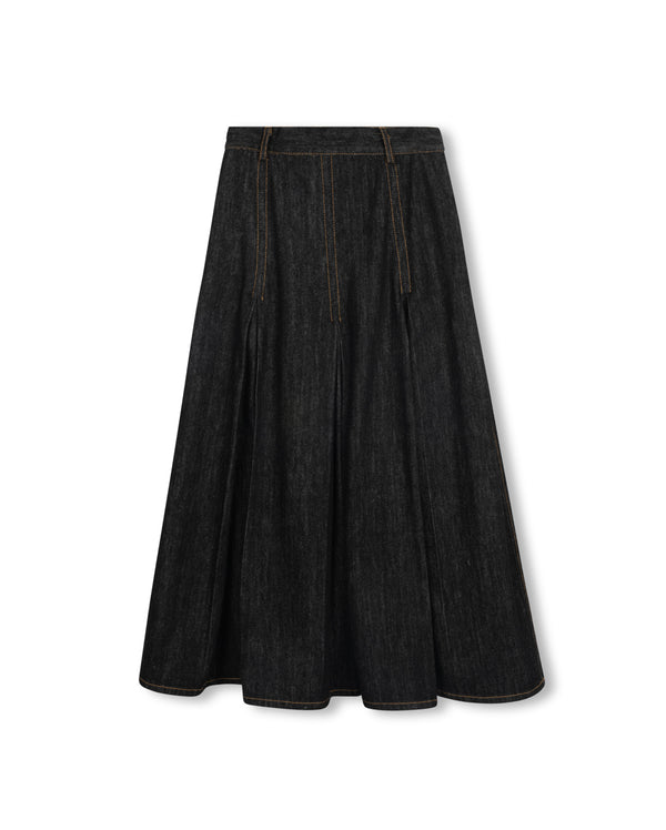 Vibe Girls Pleated Dark And Light Denim Midi Skirt Black Denim