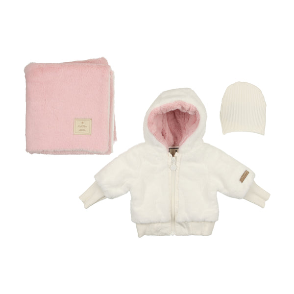 Mon Tresor Baby Fur-Get-Me-Not Jacket Layette Set Ivory & Pink