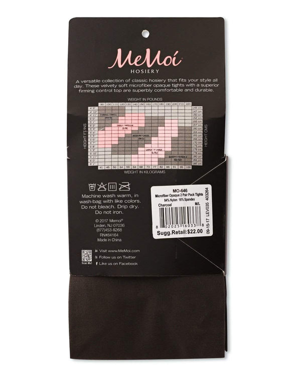 mo-646 MeMoi Perfectly Opaque Control Top Microfiber 2-Pair Pack Tights 60 Den Black - 13th Avenue