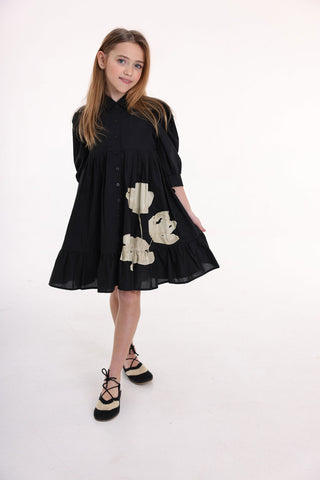 Pompomme Girls Floral Print Shirt Dress Black