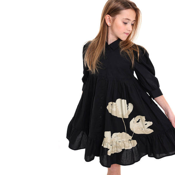 Pompomme Girls Floral Print Shirt Dress Black