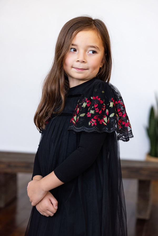 Lone Feather Girls Floral Embroidered Tule Dress Black