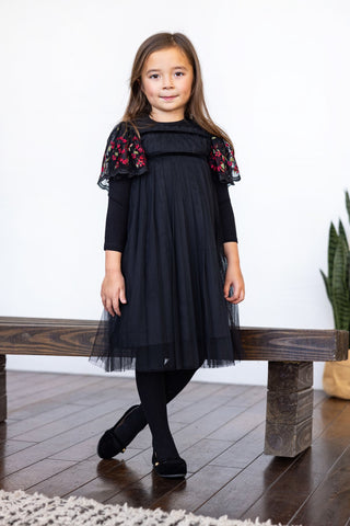 Lone Feather Girls Floral Embroidered Tule Dress Black