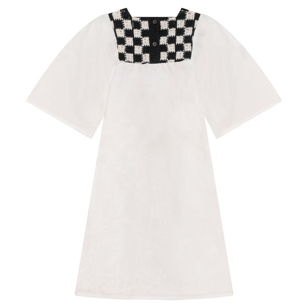 Pompomme Girls Square Crochet Yoke Dress White/Black