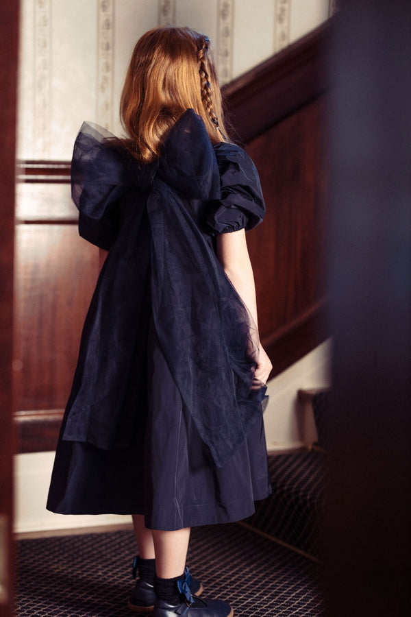 Pompomme Girls Tulle Bow Tafetta  Dress Blue