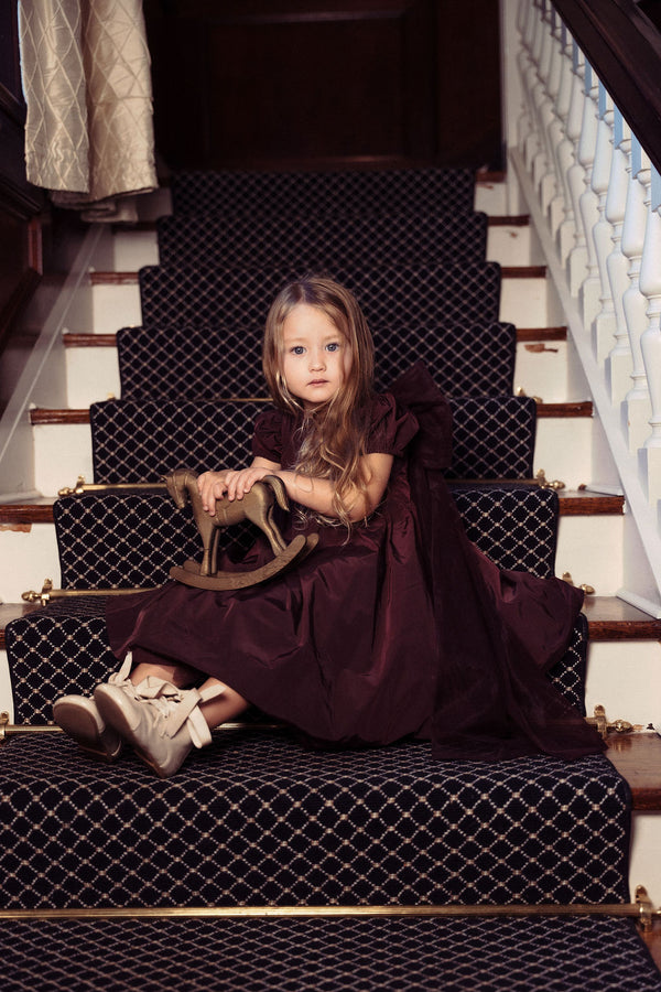 Pompomme Girls Tulle Bow Tafetta  Dress Burgundy