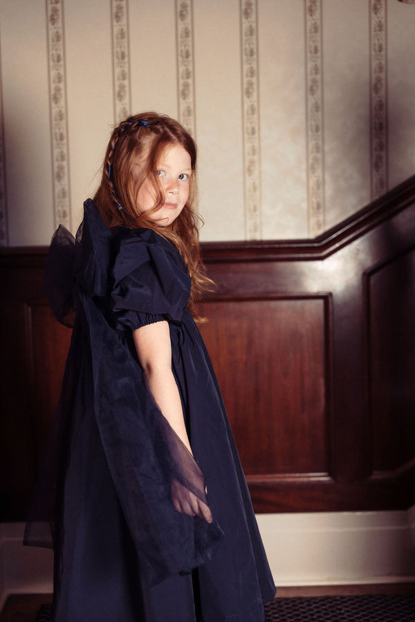 Pompomme Girls Tulle Bow Tafetta  Dress Blue