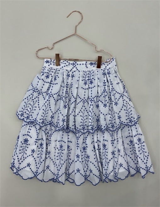 Mallory And Merlot Girls Embroidered Eyelet Ruffle Skirt White/Blue
