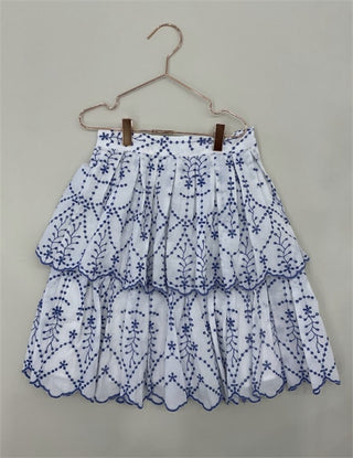 Mallory And Merlot Girls Embroidered Eyelet Ruffle Skirt White/Blue