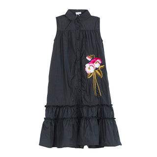 Banim Girls Sleeveless Buttoned Black Dress With Rose