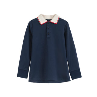 Dinky Boys Navy Polo Shirt With Ivory Collar And Red Trim