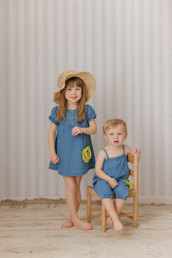Pompomme Girls Crochet Applique Dress Denim