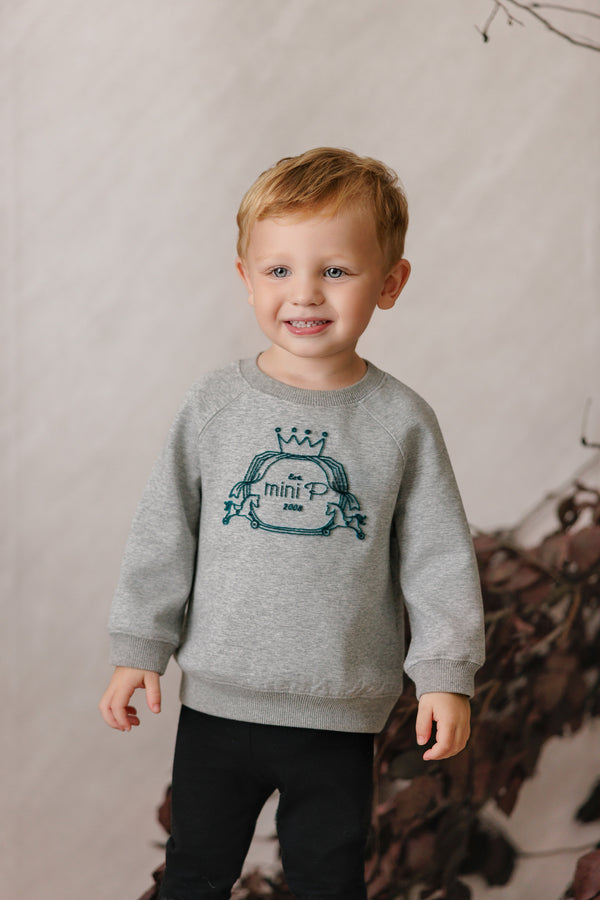 Mini P Girls Velvet Emblem Sweatshirt Grey/Teal
