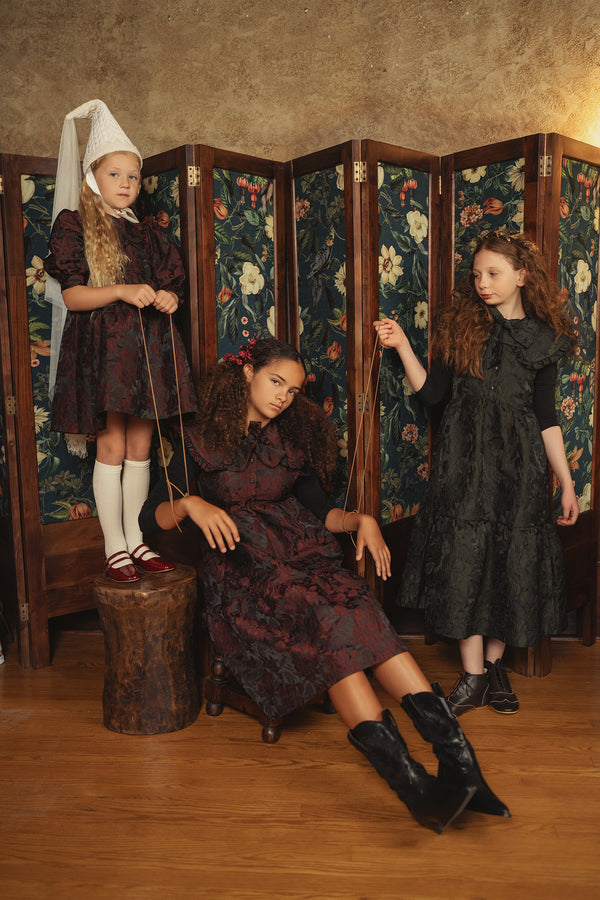 Pip & Pio Girls Brocade Dress Burgundy