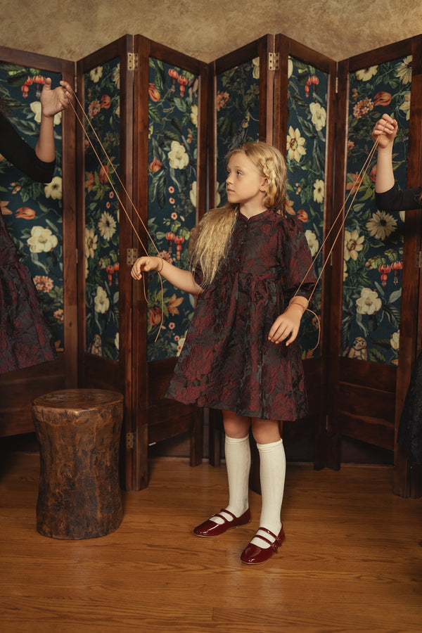 Pip & Pio Girls Brocade Dress Burgundy