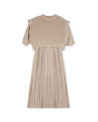 Minimal Girls Pleated Dress With Pointelle Vest Taupe