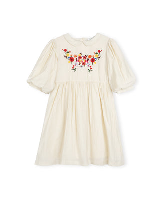Lilou Girls Loron Floral Embroidery Puff Sleeve Dress Beige