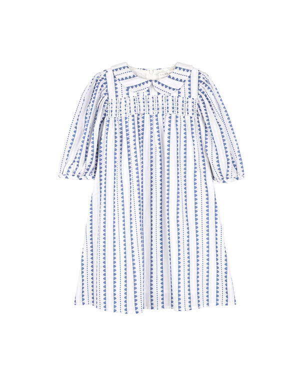 One Child Girls Claire Scalloped Embroidery Dress White/Blue