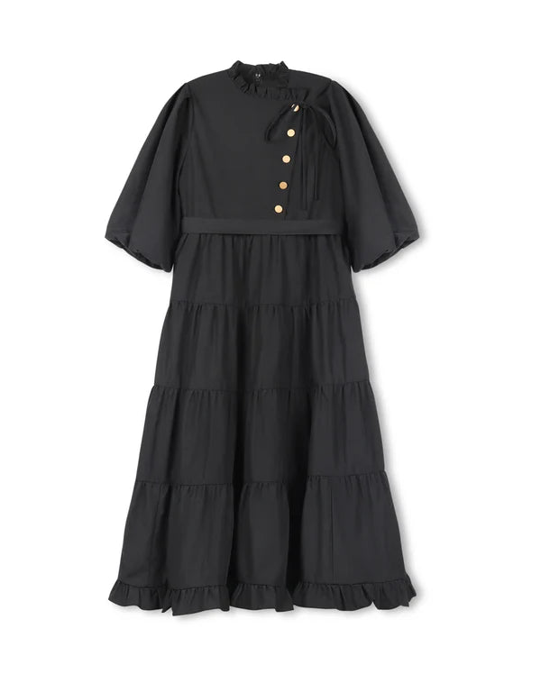 Minimal Girls Poplin Side Button Tiered Dress Black