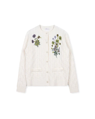 Lilou Girls Manso Embroidered Floral Cable Knit Cardigan Ivory