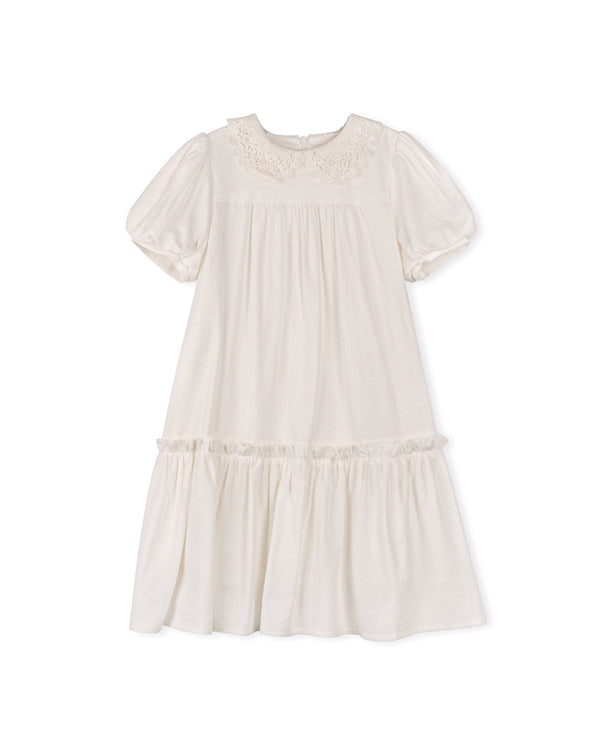 Lilou Girls Crachet Collar Tiered Dress Ivory