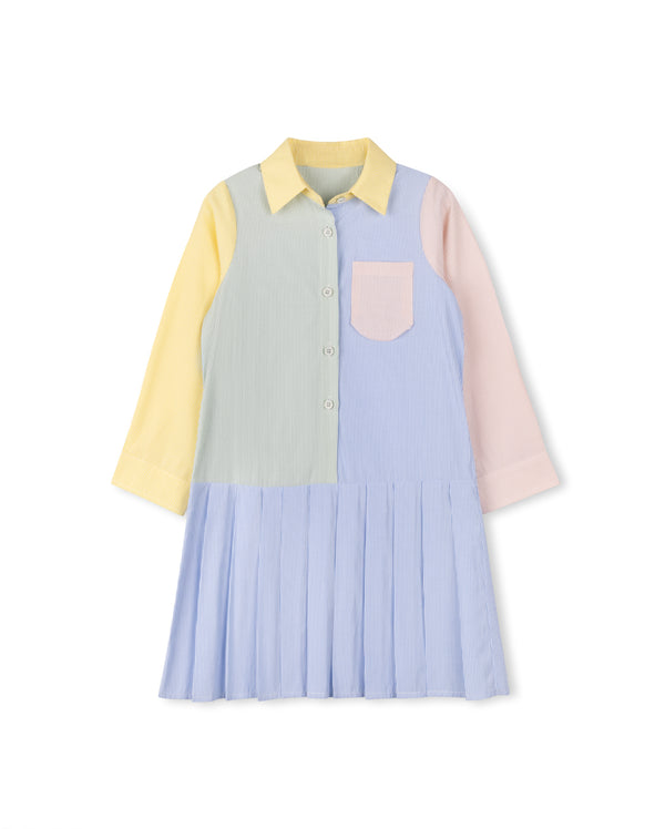 Hello Yellow Girls Poplin Pastel Drop Pleated Dress Multi