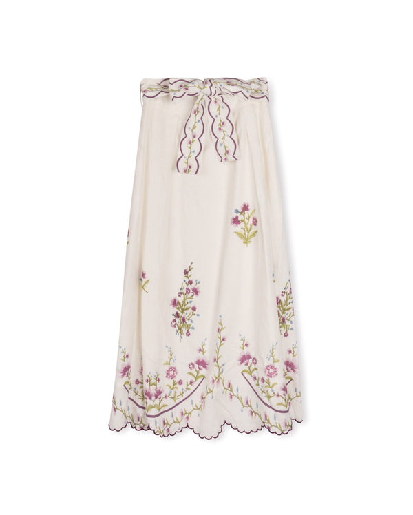 Tustello Girls Floral Printed Scalloped Trim Skirt Ivory