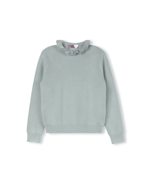 Mallory And Merlot Girls Ribbed Sweater With Ruffle Neck And Wool Floral Circle Skirt Light Blue