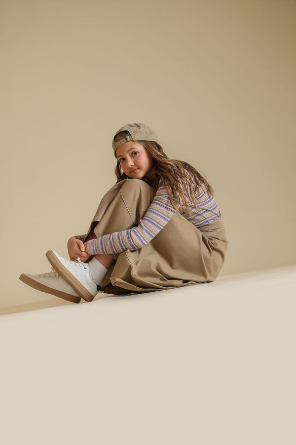 Vibe Girls Denim Stitch Maxi Skirt Tan