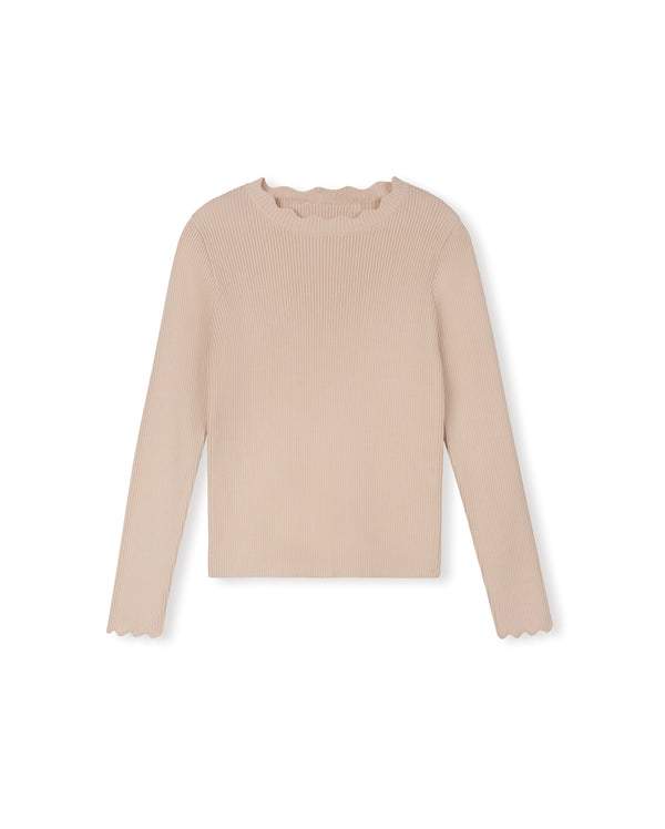 Tustello Girls Thin Ribbed Scalloped Trim Sweater Cream