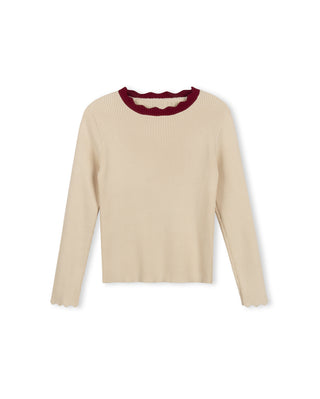 Tustello Girls Thin Ribbed Scalloped Trim Sweater Cream