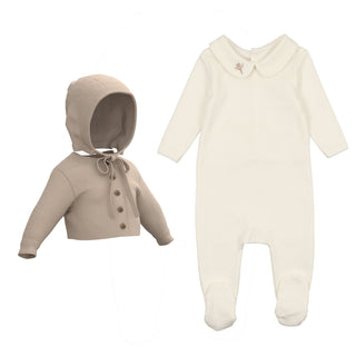 Mon Tresor Baby Classy Collar Set: Footie, Cardigan And Knit Hat Ivory And Taupe