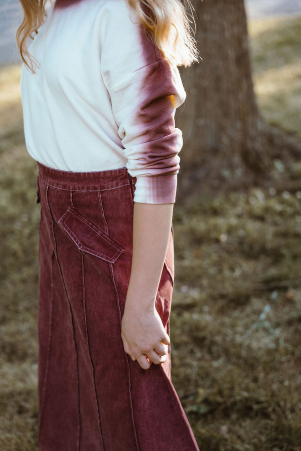 Kix Teens Denim Panel Midi Skirt Burgundy