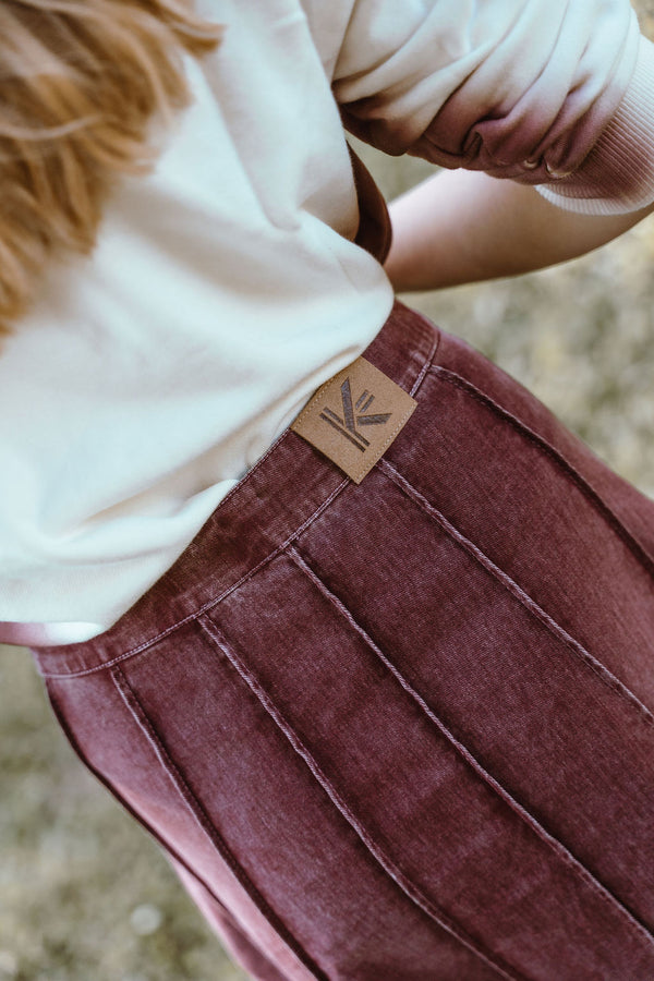 Kix Teens Denim Panel Midi Skirt Burgundy