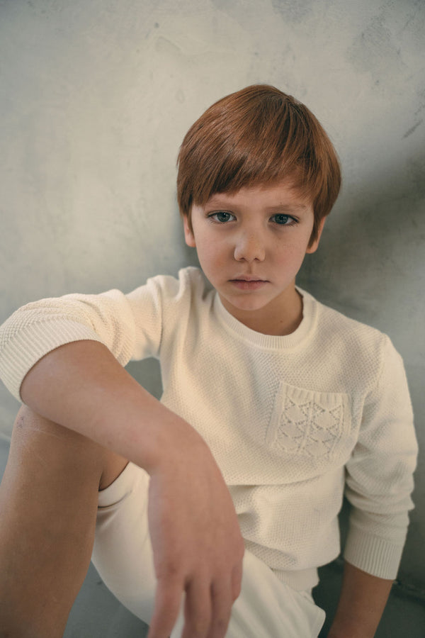Blumint Boys Crochet Pocket Sweater Cream