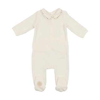 Mon Tresor Baby Dot To Dot Collared Footie Ivory & Blue