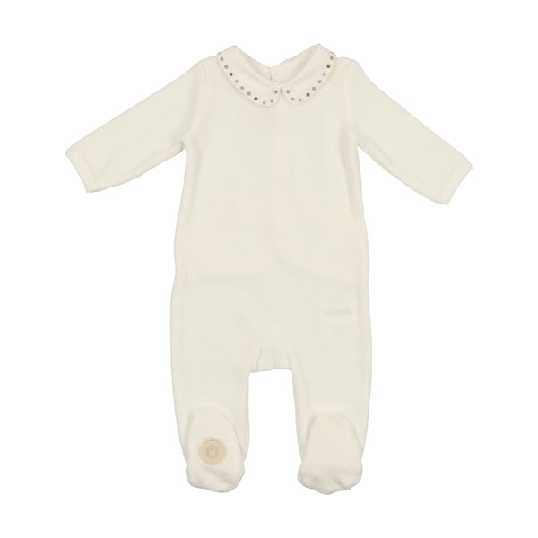 Mon Tresor Baby Dot To Dot Collared Footie Ivory & Blue