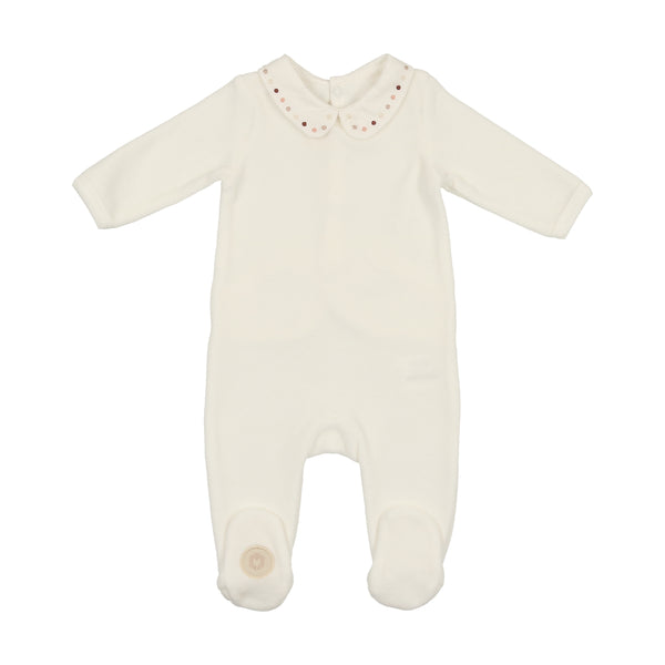 Mon Tresor Baby Dot To Dot Collared Footie Ivory & Pink