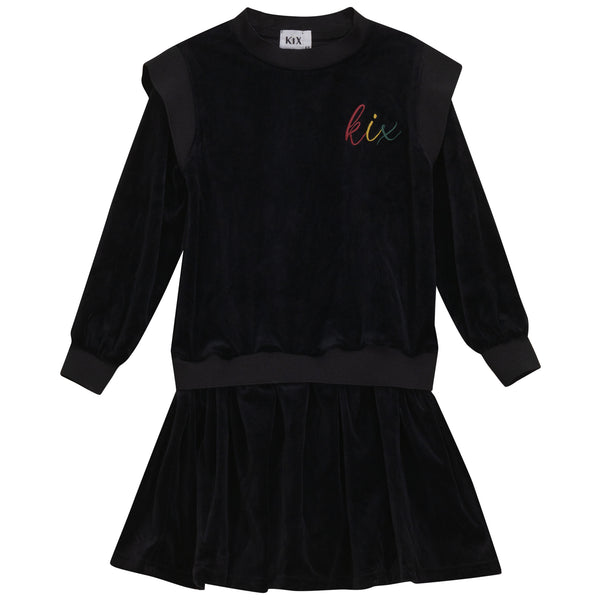Kix Girls Rib Edge Velour Dress Black