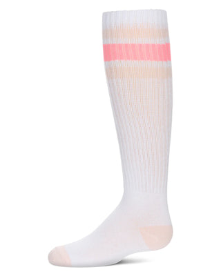 MeMoi Neon Stripe Knee High Socks White-Neon Pink
