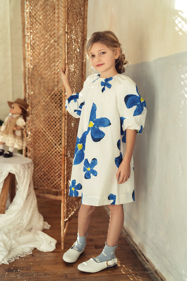 Pompomme Girls Puffy Sleeved Dress White/Blue