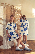 Pompomme Teen Painted Flower Waisted Dress White/Blue