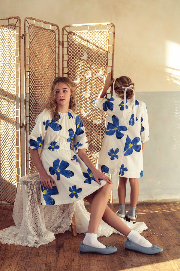 Pompomme Teen Painted Flower Waisted Dress White/Blue