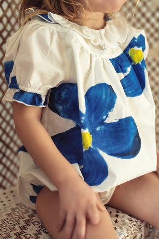 Pompomme Baby Large Floral Print Romper White/Blue
