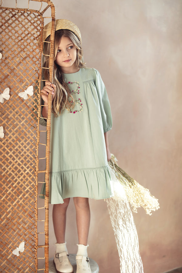 Pompomme Girls Heart Embroidered Detail Dress Green