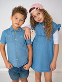 Kix Girls Denim Sorbet Frill Sleeve Dress Denim