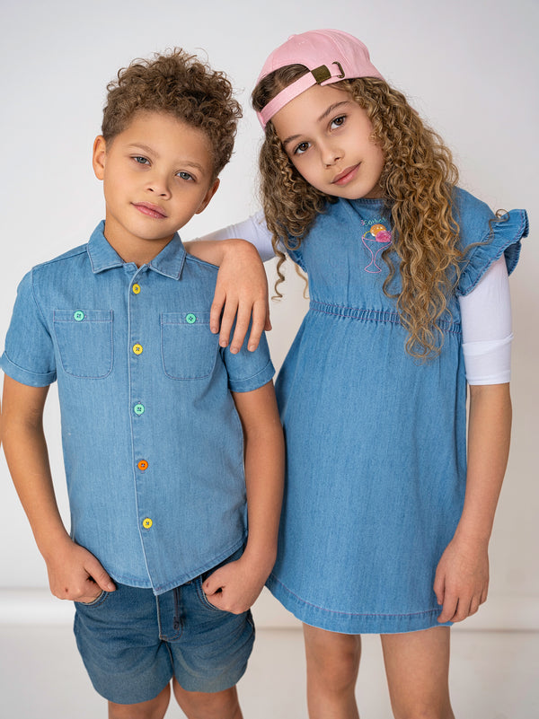 Kix Girls Denim Sorbet Frill Sleeve Dress Denim