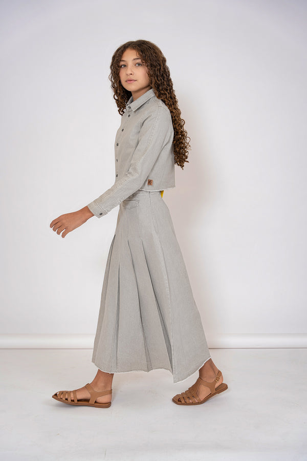 Kix Girls Fringed Hem Pleated Skirt Grey