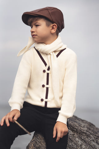 Blumint Boys Contrast Trim Cardigan Mock Neck Cream/Black